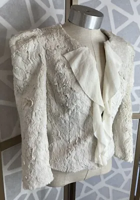 McGinn Anthropologie Faux Fur Cream Croped Dressy Jacket Overcoat Ruffles S • $75