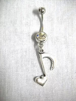 Musical Heart Shaped Music Note Dangling Charm On 14g Clear Cz Navel Belly Ring • $5.99