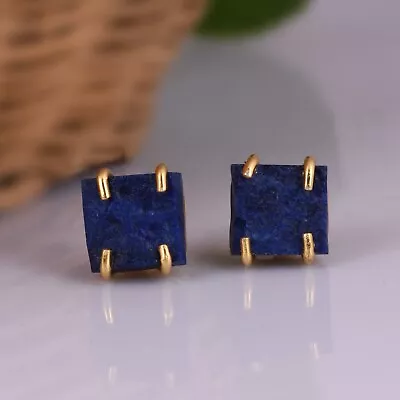 Raw Lapis Lazuli Gemstone Sterling Silver Stud Earring Natural Raw Stone Jewelry • $18.99