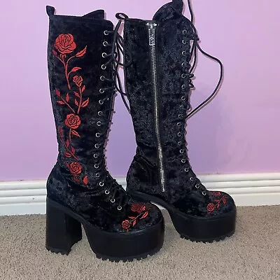 Victorian Gothic Velvet Vampire Rose Boots Platform Shoes Dolls Kill Lolita • $155