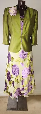 Jacques Vert Green Purple Devore Silk Dress & Jacket Mother Of Bride Suit 16 18 • £74.99