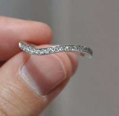 $465 • Buy 14k Solid Gold Natural Diamond Ring - Pave Wedding Band Thin White Gold V Curved