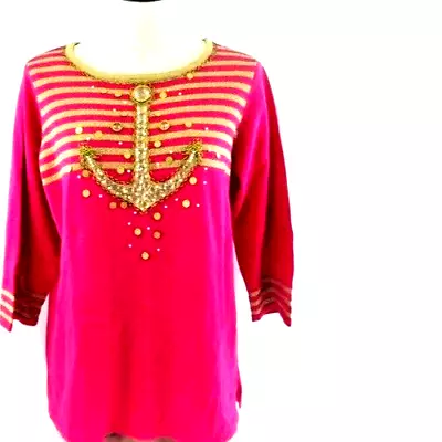 Quacker Factory Women's Pink W/ Gold Jeweled Anchor Sweater Medium Never Worn • $19.99