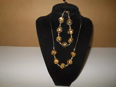 Vintage Venetian Golden Yellow Foil Bead Necklace & Bracelet • $35