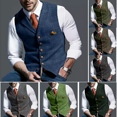 Mens Herringbone Tweed Vest Waistcoat Vintage Formal Notch Lapel Retro Vest • £12.85
