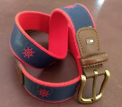 TOMMY HILFIGER Canvas Leather Belt Grosgrain Blue Nautical Ribbon Summer Size 32 • $25.85