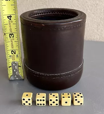 Vintage Leather Dice Cup With Ribbed Lining Plus 5 Bakelite Dice Antique • $24.95