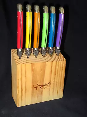 Laguiole Steak Knife Set Of 6 Etiquette & Block Aubrac Motif Multicolour As New • $34