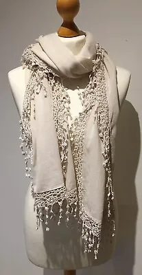 FAT FACE Cotton Lace Edged Scarf/Wrap Natural • £4.90