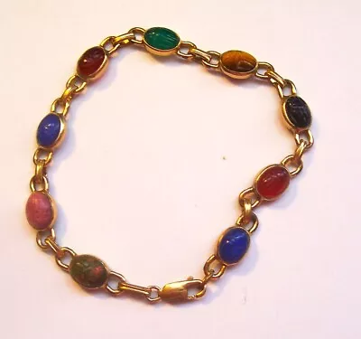 VTG WRE 1/20TH 14K G.F.  Natural Gemstone Cabochon Carved Scarab 6 1/2  Bracelet • $40