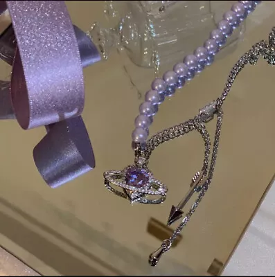£6.45 • Buy Saturn Heart Purple Half Pearls And Half Chain Necklace Women’s Jewellery Uk