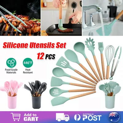$25.59 • Buy Silicone Utensils Set Wooden Cooking Kitchen Baking BPA Free Cookware Gift 12PCS