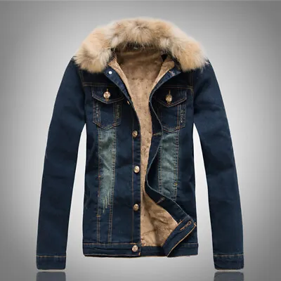 Mens Fleece Lined Denim Jacket Detachable Faux Fur Collar Tops Coat Outdoor • $102.33