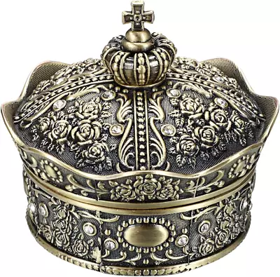 Vintage Jewelry Box Antique Crown Design Trinket Treasure Chest Storage Organiz • $11.99