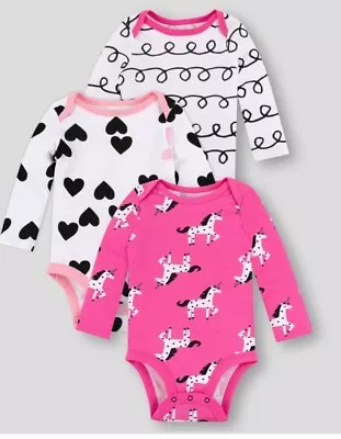 Lamaze Baby Girls' 3 Pk -  Cotton Unicorn Heart Long Sleeve Bodysuit NB $12.95 • $12.95