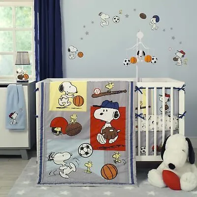 Bedtime Originals Snoopy™ Sports 3-Piece Crib Bedding Set - Blue Red Gray • $59.99