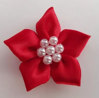 £2.99 • Buy 5 X Red 4cm Satin Ribbon Poinsettia Flowers With Pearl Beads - Christmas Craft 