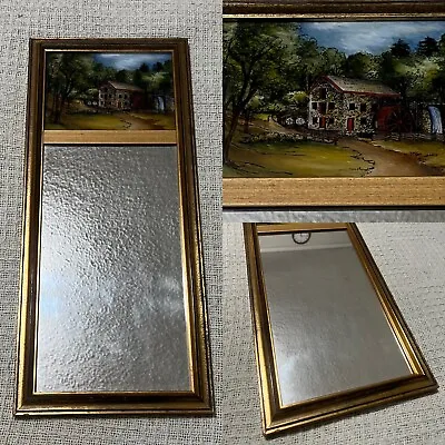 1950s Reverse Painted Mirror Barn Watermill Landscape Gold Gild Mid Century • $30
