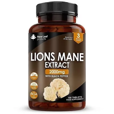 Lions Mane Extract Mushroom 2000mg - 180 High Strength Vegan Tablets • £10.45