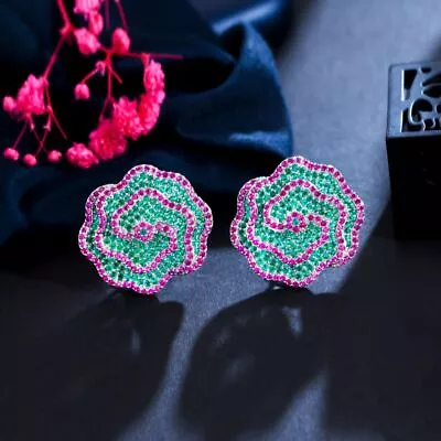 Dark Blue Cubic Zirconia Micro Pave Big Flower Stud Earrings For Women Wedding • $26