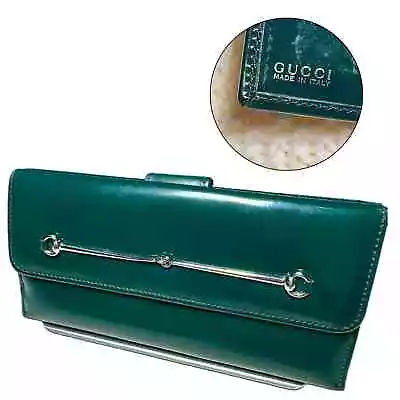 Vintage Gucci W Hook Horsebit Wallet Enamel Green Leather • $300