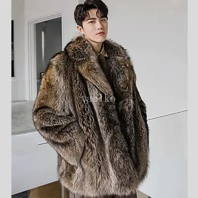 Mens Faux Raccoon Fur Lapel Collar Mid Long Coat Overcoat Jacket Winter Parka XL • $165.89