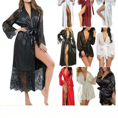 Women Sexy Silk Satin Lace Robe Dress Lady Kimono Sleepwear Bathrobe Nightdress· • £13.08