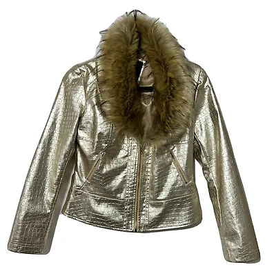 $35.99 • Buy V Cristina Faux Leather Crocodile Textured Jacket Gold Faux Fur  Trim Size S