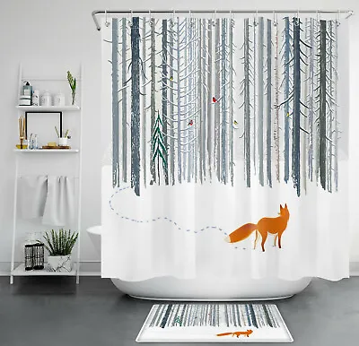 Winter Snow Scene Forest Fox Cardinals Shower Curtain Bathroom Accessories Set • $36.30