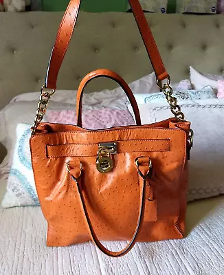 Michael Kors Ostrich-Embossed Hamilton Tangerine East/West Tote Leather Handbag • $250