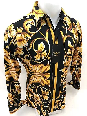 Mens PREMIERE Long Sleeve Button Down Dress Shirt BLACK GOLD PAISLEY 633 NWT HOT • $44.99