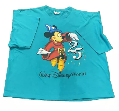 Vintage Walt Disney World 25th Anniversary Sorcerer Mickey Inc T-Shirt Teal 90s • $17.48