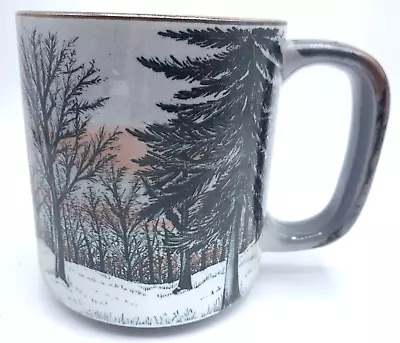 Vintage Otagiri Nature Forest Pine Tree Winter Snow Coffee Mug Sunset Gray Blue • $14.99