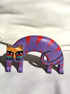 Laurel Burch Style Vintage Wooden Cat 1980s Folk Art Hand Carved Painted 5.5” L • $19.95