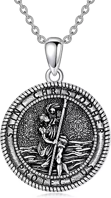 925 Sterling Silver St Christopher Necklace For Men Women Round Saint Christophe • $128.75