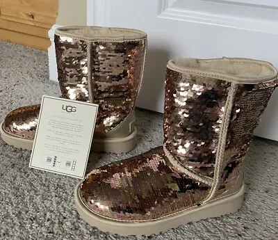 Ugg Classic Short Sequin Sparkles Pink Gold Boots Us 6 New In Box • $120