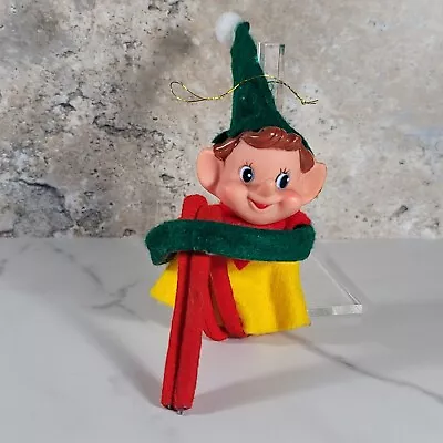 Vintage Rubber Face Elf Pixie In Felt Christmas Knee Hugger Ornament • $14.99