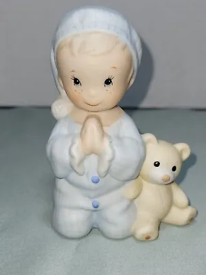 Vintage Home Interiors Bedtime Prayer Child & Teddy Bear Figurine HOMCO Blue Boy • $10