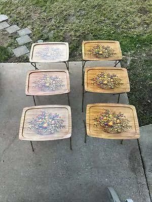 Vintage Set Of 6 MCM Floral TV Tray Tables Metal Fruit Basket • $389.99