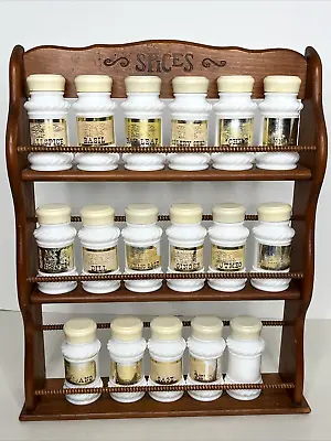 $68 • Buy VTG 3-Tier Wood Spindle SPICES Rack W/17 White Milk Glass Shaker Spice Jars Gold