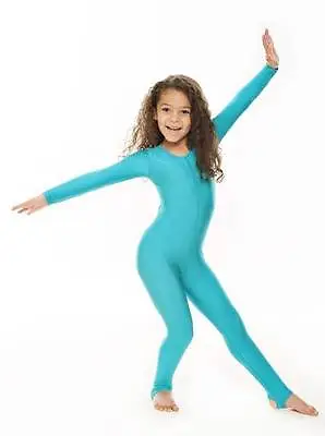 Childrens Girls Shiny Lycra Dance Gymnastics Long Sleeve Unitard Catsuit KDC012 • £16.50