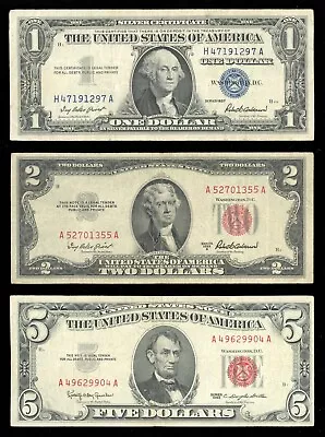 Set Of 3 Paper Money Silver Certificate & Red Seal $1 1957 $2 1953 $5 1963 Fine • $19.99