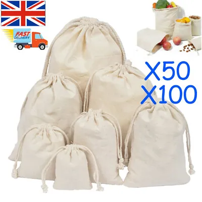 Calico Drawstring Storage Bags Natural Cotton Bulk Linen Tote Food Gift Bag UK • £13.29