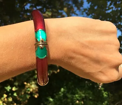 La Nouvelle Bague 18K Gold Red Green Enamel Bangle Bracelet 7  37g Heavy • $1590