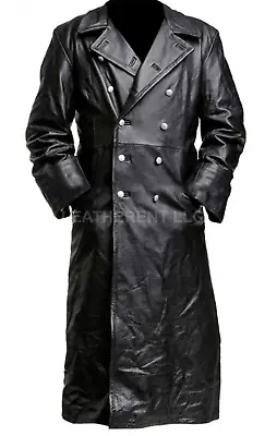Mens German Classic WW2 Military Officer Cosplay Black Real Leather Trench Coat • $98.98
