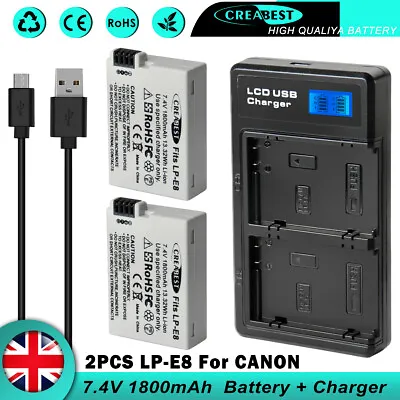 2× LP-E8 Battery & Dual Charger For Canon EOS 700D 600D 550D 650D Rebel T2i T3i • £22.70