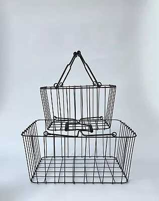 Vintage Wire Gathering Baskets Square Handled Large Thick S/2 High Quality • $79.97