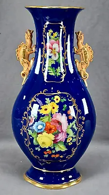 Minton Hand Painted Floral Gold & Cobalt Chinese Form Dragon Handle Vase 1820 B • $995