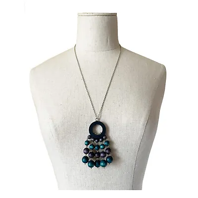 KAIJA AARIKKA Finland Vintage Wood Ball Bead Pendant Necklace Turquoise Violet • $149