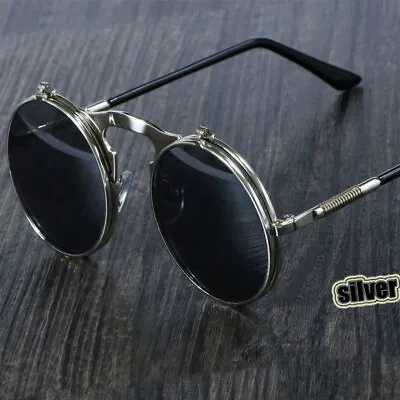Steampunk Sunglasses Round Metal Style Retro Flip Circular Metal Sun Glasses 1pc • $17.58